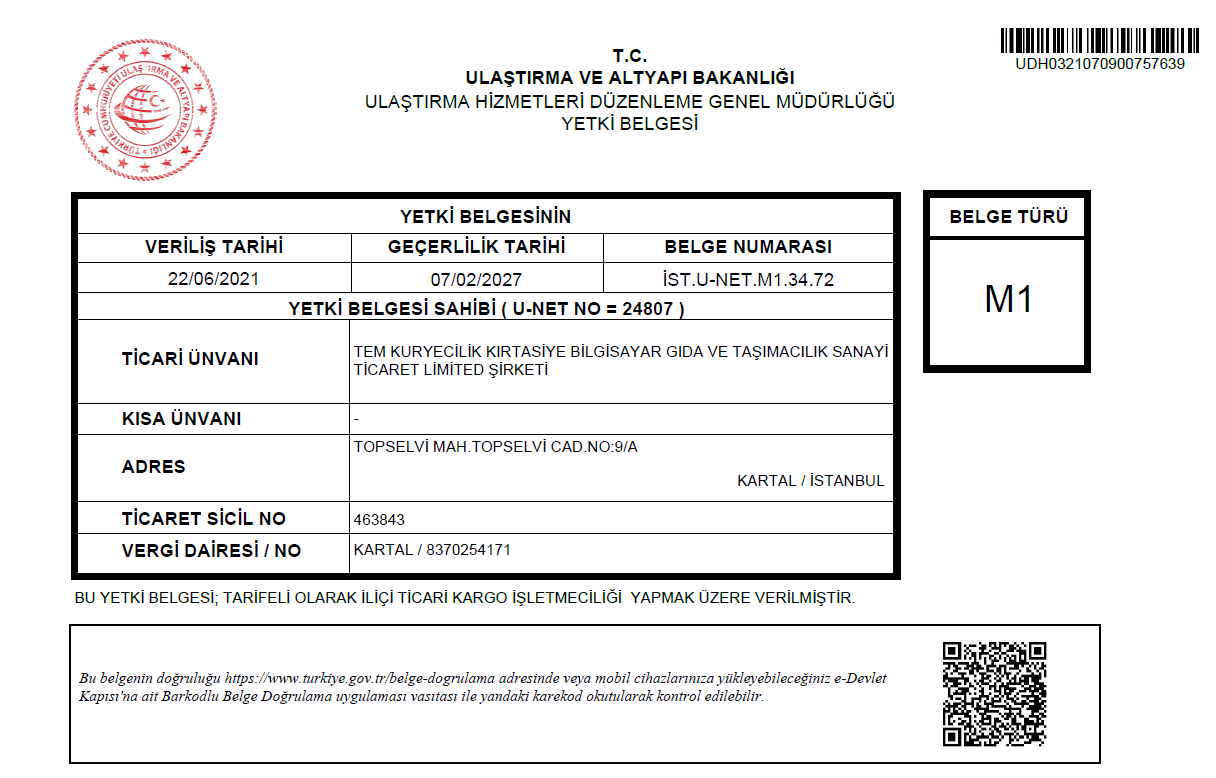 Ulaştırma Bakanlığı Yetki Belgesi